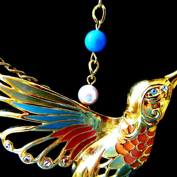 Gold tone enamel, bead & rhinestone hummingbird pendant signed MW - 7" length! - Picture 4 of 12